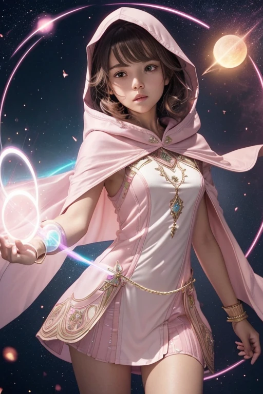 Female light brown tomboy hair dark fantasy girl wearing an intricate elaborate futuristic light pink mini dress with elaborated white ornaments, pink pointed hooded tunic no helmet, pink short cape, pink short mini skirt, wearing a short staff, blue eclipse, magic conjuring circle behind, ethereal lightning, sharp focus