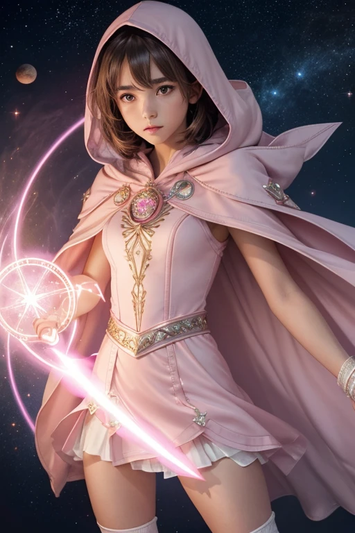 Female light brown tomboy hair dark fantasy girl wearing an intricate elaborate futuristic light pink mini dress with elaborated white ornaments, pink pointed hooded tunic no helmet, pink short cape, pink short mini skirt, wearing a short staff, blue eclipse, magic conjuring circle behind, ethereal lightning, sharp focus