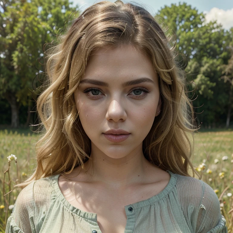 Scarlett Johansson, (masterpiece:1.2), (best quality:1.2), perfect eyes, perfect face, perfect lighting, 1girl, mature female in a field, medium blond hair, curly hair, detailed clothes, detailed outdoor background, makeup, eyeshadow, thick eyelashes, fantasy, looking at the viewer, spring 