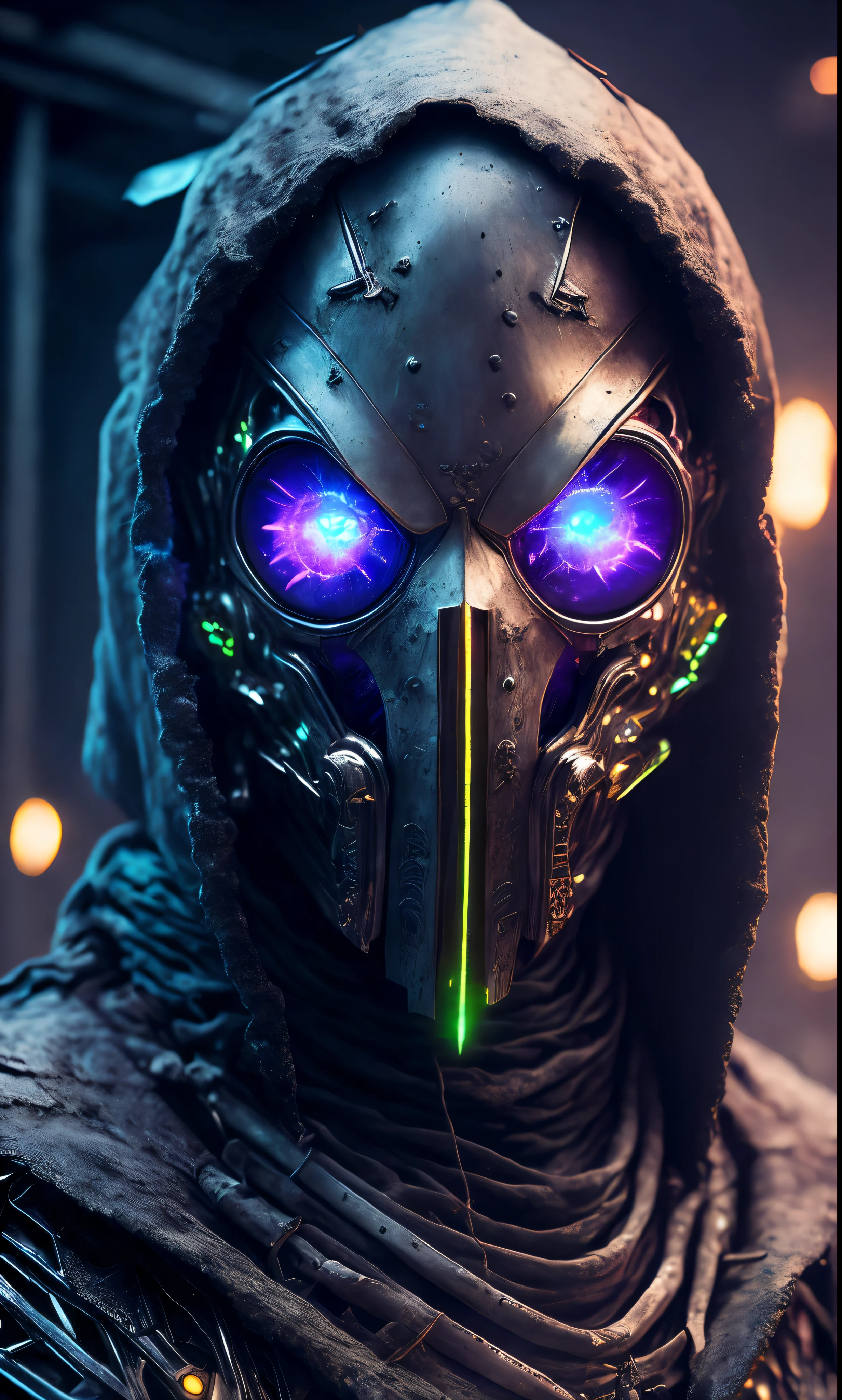 breathtaking cinematic science fiction photo of a portrait of a non human masked Grim wrapped in universal smoke chrome metal skin, body full glowing metrics inside, glowing multicoloured eyes, multifaceted eyes, metallic arms, inside a destroyed building, extremely menacing creature, highly detailed, award-winning