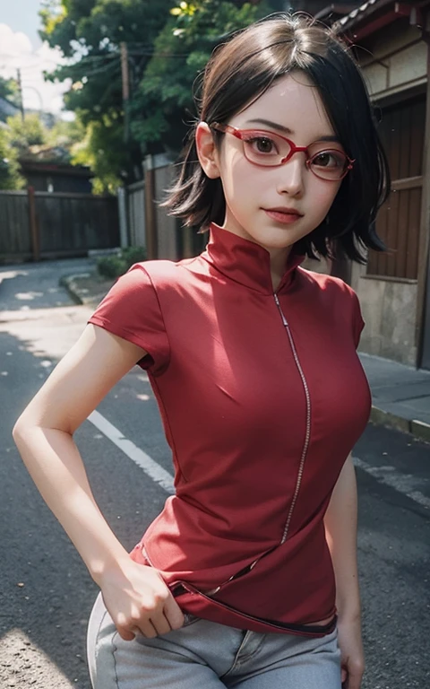 1girl, sarada uchiha in anime boruto, short hair, black hair, red eyes, smile, beautiful, sexy dress, sexy clothes, red clothes, wear red glasses, big breast , realistic clothes, detail clothes, outdoor background, ultra detail, realistic photo :4K delicate facial features, age girl, Uchiha Sarada, anime character transformed into a realistic character, with detailed, beautiful and cute face, red filtered eyes, black hair, short hairstyle, bangs sweeping to the left, wearing a ninja head tie from konoha , expression
thin sweet smile, thin cheeks, sharp chin, red glasses, tentom shirt design, livis shorts, perfect model, large breasts, free style, high resolution, detailed illustrations, very realistic background, white glowing skin, very detailed face perfect, seductive poses,