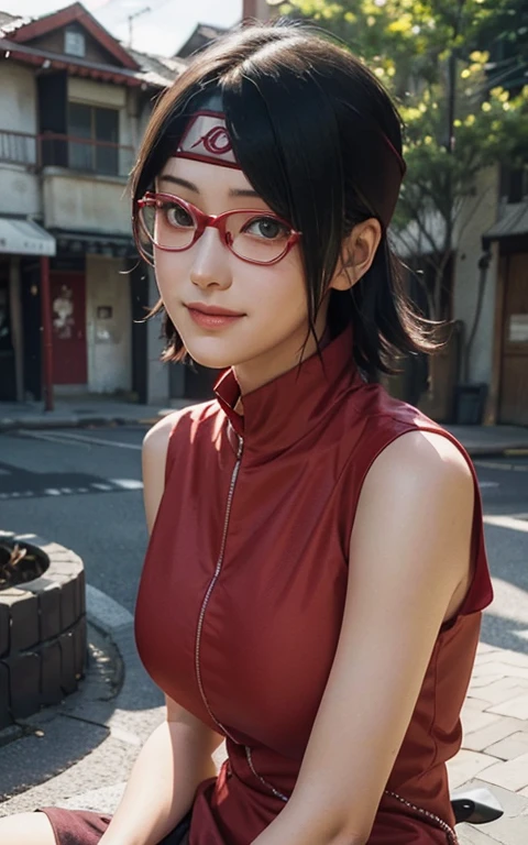 1girl, sarada uchiha in anime boruto, short hair, black hair, red eyes, smile, beautiful, sexy dress, sexy clothes, red clothes, wear red glasses, big breast , realistic clothes, detail clothes, outdoor background, ultra detail, realistic photo :4K delicate facial features, teenage girl, Uchiha Sarada, anime character transformed into a realistic character, with detailed, beautiful and cute face, red filtered eyes, black hair, short hairstyle, bangs sweeping to the left, wearing a ninja head tie from konoha , expression
thin sweet smile, thin cheeks, sharp chin, red glasses, tentom shirt design, livis shorts, perfect model, large breasts, free style, high resolution, detailed illustrations, very realistic background, white glowing skin, very detailed face perfect, seductive poses,