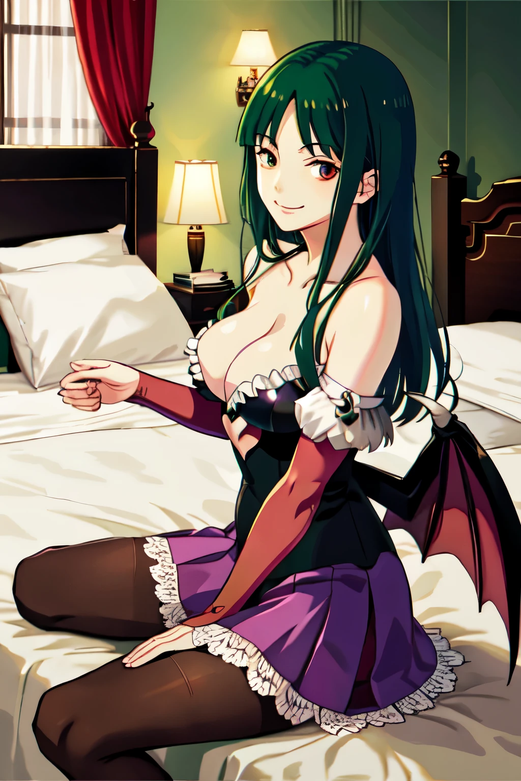 High Resolution、Morrigan、adult woman、smile evilly、Wicked Smile、 Most detailed,Miniskirt、Maid clothes、Hotel Rooms、bed、Sitting、Dark Room