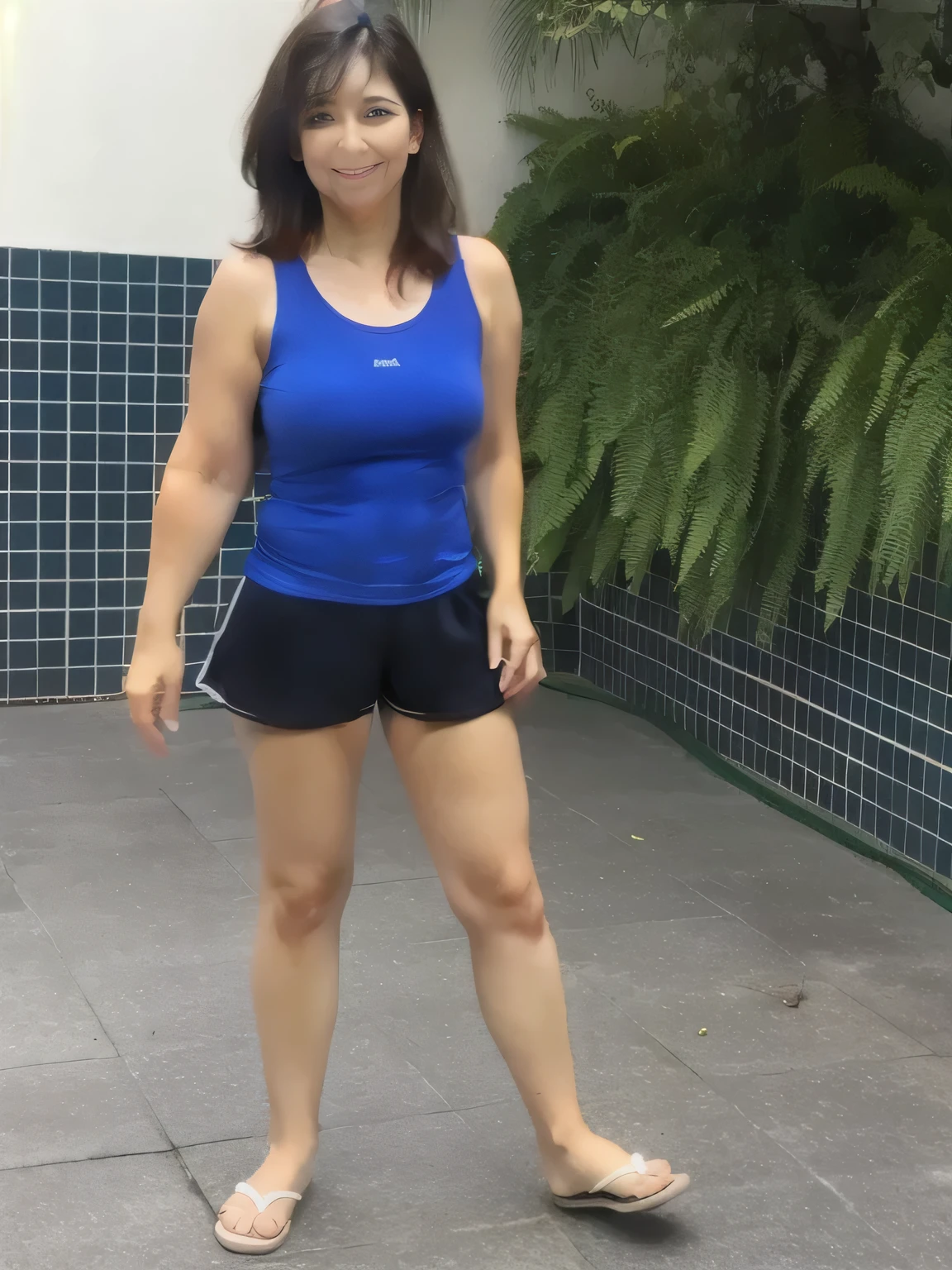Woman standing in front of a garden, looking at the camera, wearing very short black shorts and a blue top, photo of legs and hips, full body photo, toned legs, thighs!!!!!! . long brown hair, 35 years old, full body. Photo taken from the front. Beautiful woman, sexy pose, extremely sexy. A beautiful Brazilian, fitness body, sports top and dark blue shorts, toned legs. 4k, realistic, glamorous and very detailed.