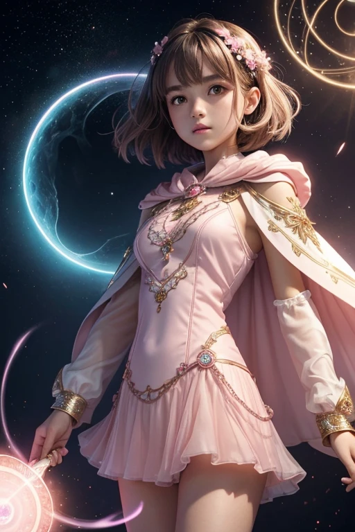 Female light brown tomboy hair dark fantasy girl wearing an intricate elaborate futuristic light pink mini dress with elaborated white ornaments, pink short cape, pink short mini skirt, wearing a short staff, blue eclipse, magic conjuring circle behind, ethereal lightning, sharp focus