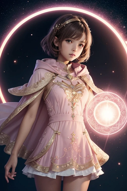 Female light brown tomboy hair dark fantasy girl wearing an intricate elaborate futuristic light pink mini dress with elaborated white ornaments, pink short cape, pink short mini skirt, wearing a short staff, blue eclipse, magic conjuring circle behind, ethereal lightning, sharp focus
