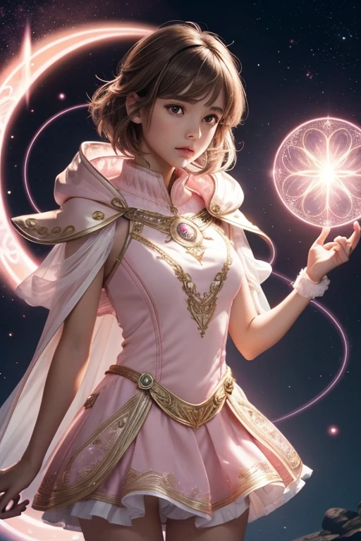 Female light brown tomboy hair dark fantasy girl wearing an intricate elaborate futuristic light pink mini dress with elaborated white ornaments, pink short cape, pink short mini skirt, wearing a short staff, blue eclipse, magic conjuring circle behind, ethereal lightning, sharp focus