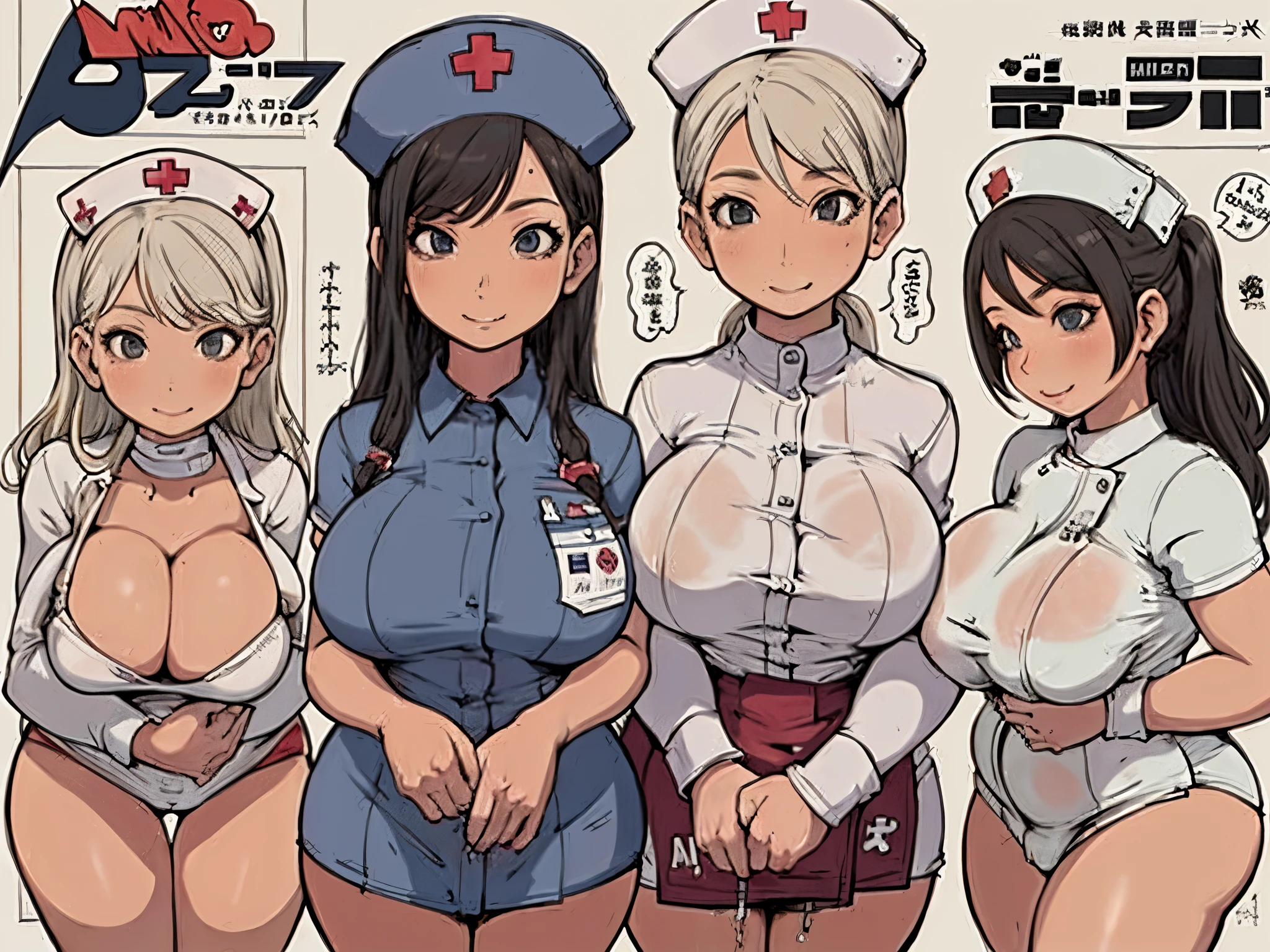 ((masterpiece)),(((best quality))),((character design sheet)),((rough sketch)),((vulgar)),(magazin cover)thick thighs,african girl,smile,((between breasts)),pussy juice,((wearing an Wet sexual nurse uniforms and nurse cap)),shirt harf lift,milking