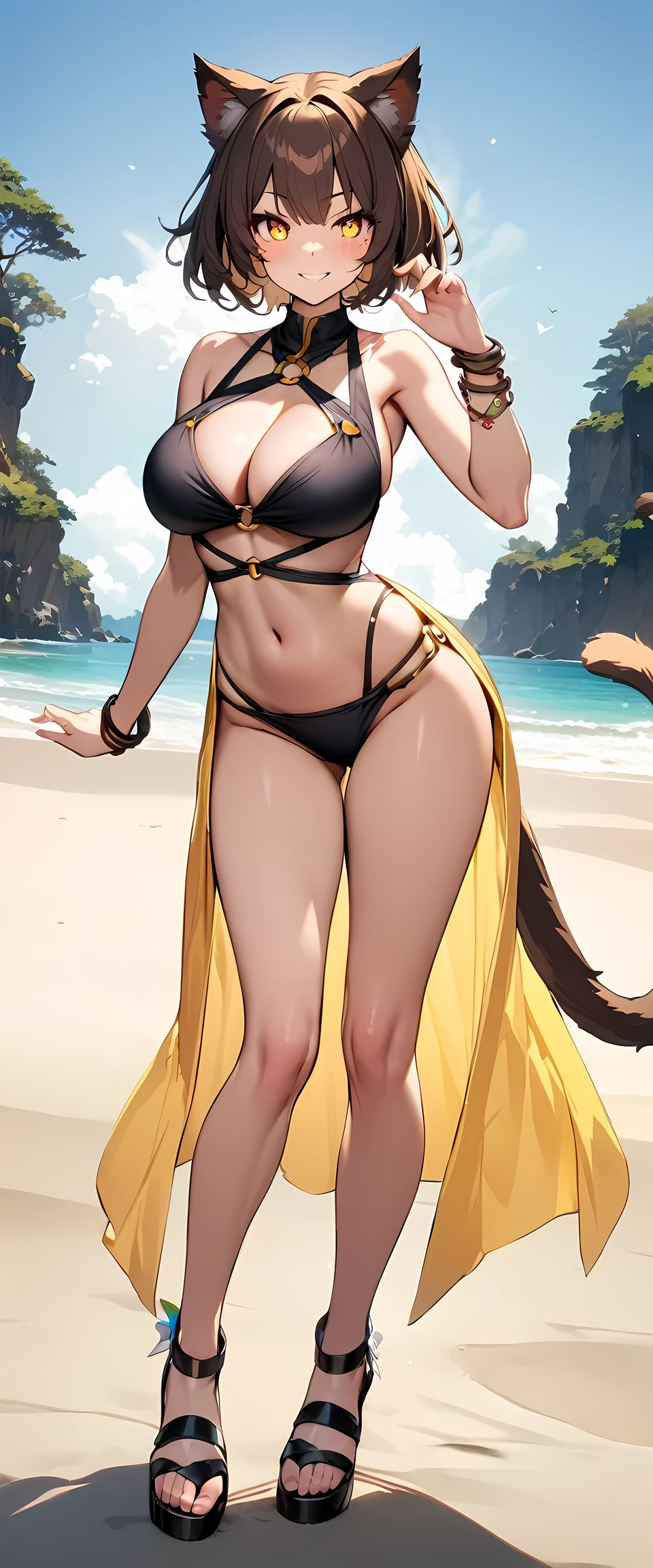 (masterpiece), best quality, expressive eyes, perfect face,1girl,chen_\(touhou\),(yellow O-ring bikini),big breasts,beach,heel sandals,(brown hair),short hair,pixie cut,[cleavage],looking at viewer,smiles,bracelets, bangles, eyeshadows, eye liner,glistening eyes, hyper detailed eyes, intricate eyes, beautiful eye, ((glowing brown pupils))、smilling face,(bare legs),(standing,contrapposto:1.4),cat ears, cat tail,multiple tails