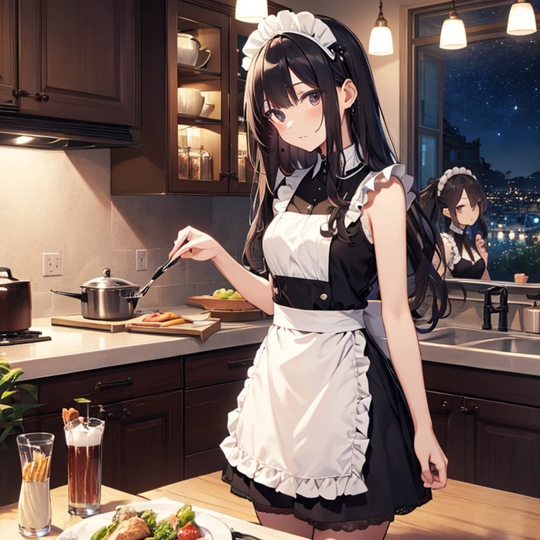 A group of maids, (in kitchen), various hair styles, harem, wearing maid uniform, night, details face, , short skirt, seducing, sleeveless , night, starry night 