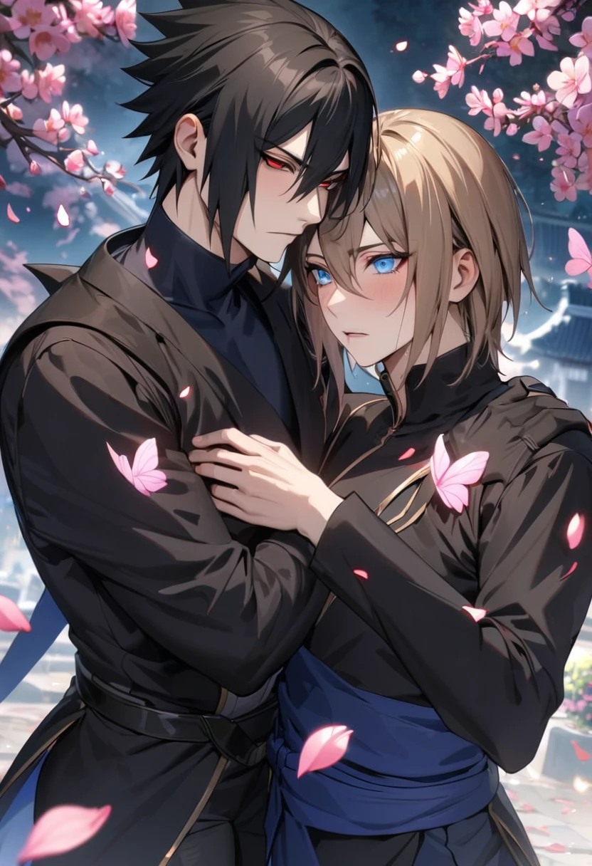 absurdres, highres, ultra detailed, HDR, masterpiece, Uchiha Sasuke, expressive red eyes, black hair, hair between the eyes, Naruto Shippuden, Dainsleif, straight brown hair, with bangs, expressive blue eyes, Genshin Impact, 2men together, gay couple, handsome, black ninja clothes, black pants, pink flowers, pink butterflies, petals, blossoms