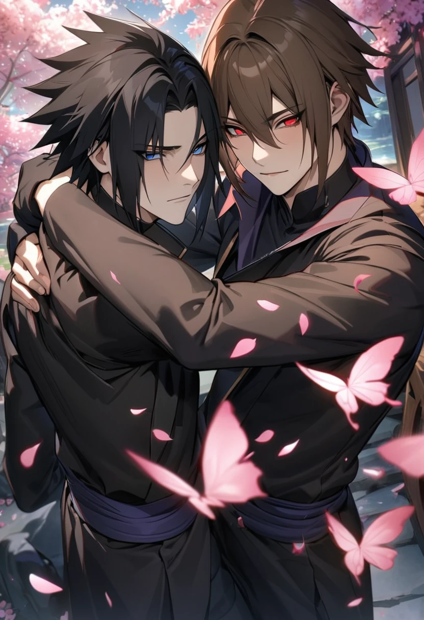 absurdres, highres, ultra detailed, HDR, masterpiece, Uchiha Sasuke, expressive red eyes, black hair, hair between the eyes, Naruto Shippuden, Dainsleif, straight brown hair, with bangs, expressive blue eyes, Genshin Impact, 2men together, gay couple, handsome, black ninja clothes, black pants, pink flowers, pink butterflies, petals, blossoms