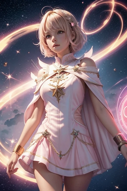 Female short blond tomboy hair dark fantasy girl wearing an intricate elaborate futuristic light pink mini dress with elaborated white ornaments, pink short cape, pink short mini skirt, wearing a short staff, blue magic eclipse, stars, magic conjuring circle behind, ethereal lightning, sharp focus
