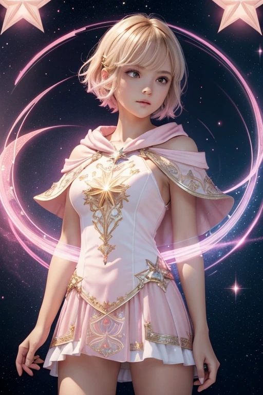 Female short blond tomboy hair dark fantasy girl wearing an intricate elaborate futuristic light pink mini dress with elaborated white ornaments, pink short cape, pink short mini skirt, wearing a short staff, blue magic eclipse, stars, magic conjuring circle behind, ethereal lightning, sharp focus