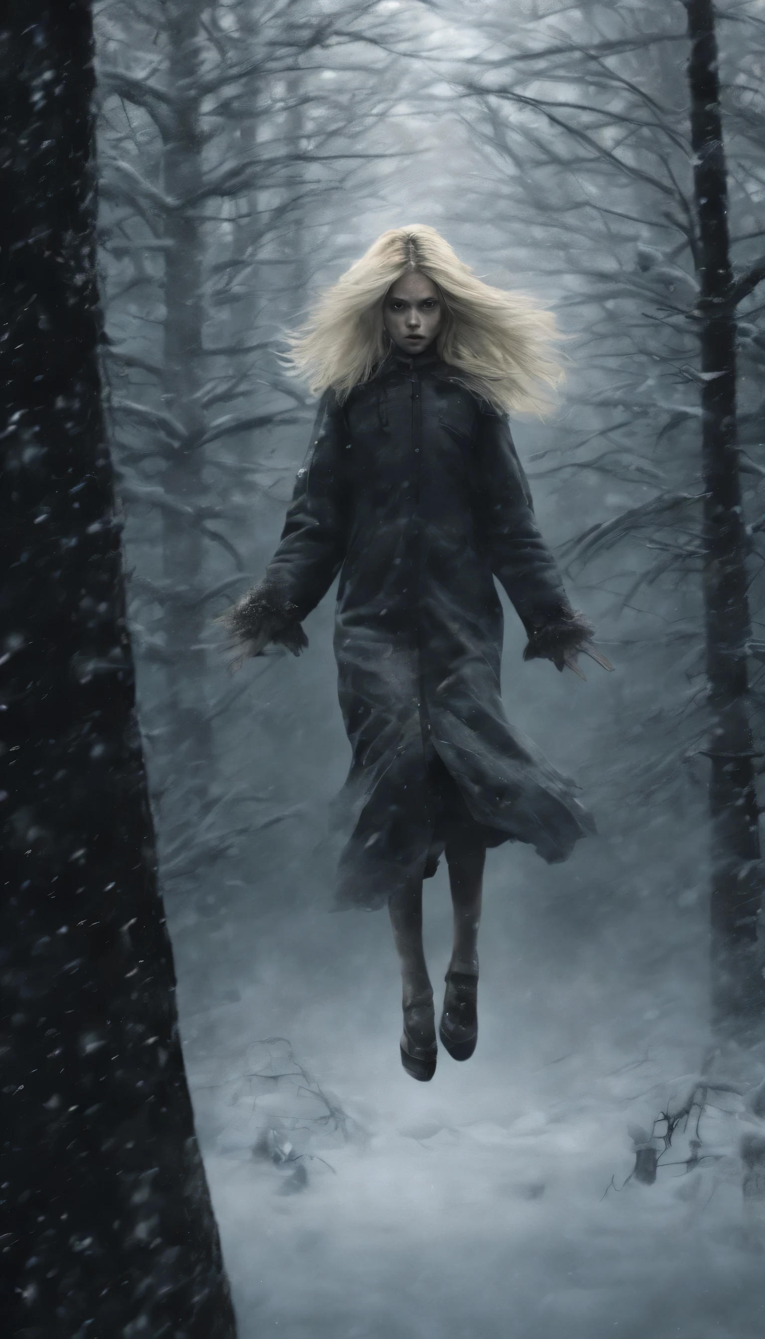 Chica de pelo rubio, Volando por el aire, rodeado de nieve, en un bosque