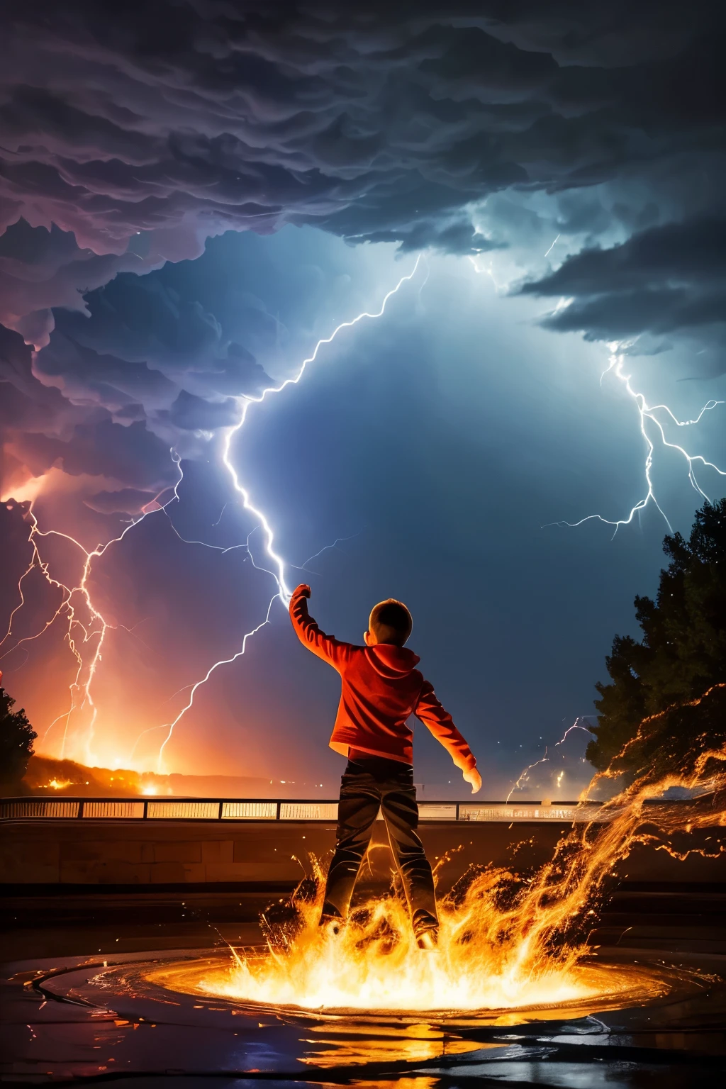 Picture prompts: A thrilling scene of flames bursting out, water flowing, and lightning illuminating the frame, Jacquot l'Enfant, a curious  boy, peering intently and trying to climb into the picture.

Detailed description: The image portrays an electrifying and dramatic moment of nature consisting of flames engulfing the bottom portion of the frame and cascading water droplets arcing overhead, with vibrant lightning strikes illuminating the scene. In the foreground, there is a captivating figure of Jacquot l'Enfant- a young, adventurous boy with bundles of energy and fascination towards the elements. Dressed in tattered