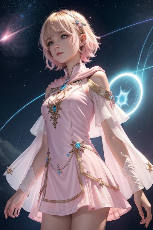 Female short blond tomboy hair dark fantasy girl wearing an intricate elaborate futuristic light pink mini dress with elaborated white ornaments, pink short cape, pink short mini skirt, wearing a short staff, blue magic eclipse, stars, magic conjuring circle behind, ethereal lightning, sharp focus