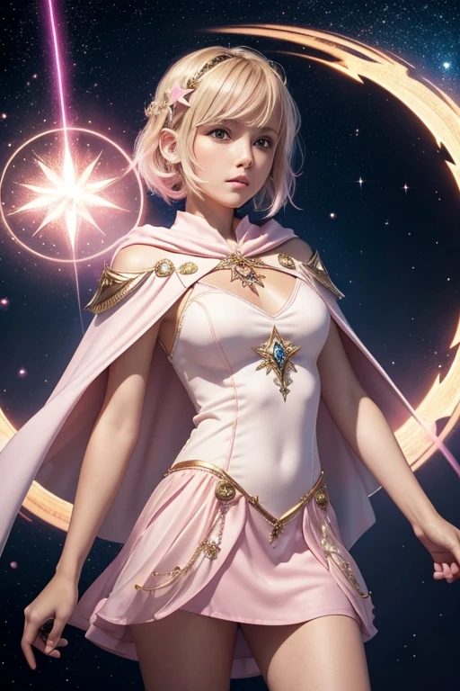 Female short blond tomboy hair dark fantasy girl wearing an intricate elaborate futuristic light pink mini dress with elaborated white ornaments, pink short cape, pink short mini skirt, wearing a short staff, blue magic eclipse, stars, magic conjuring circle behind, ethereal lightning, sharp focus