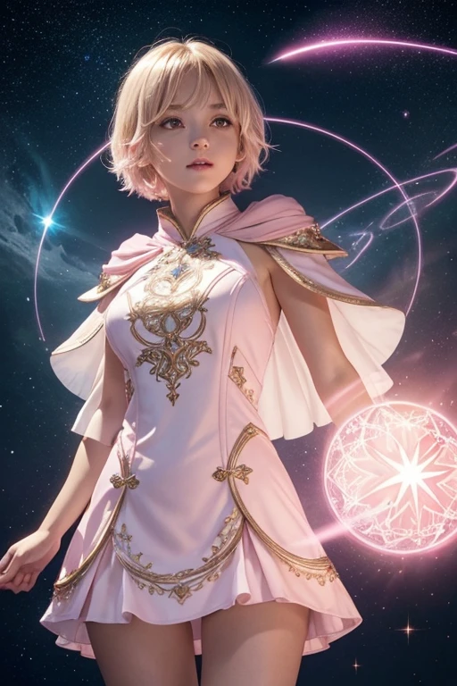 Female short blond tomboy hair dark fantasy girl wearing an intricate elaborate futuristic light pink mini dress with elaborated white ornaments, pink short cape, pink short mini skirt, wearing a short staff, blue magic eclipse, stars, magic conjuring circle behind, ethereal lightning, sharp focus