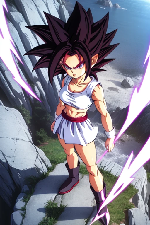 Kaulyr, purple eyes, 1girl, solo, energy, sparking eletricity, red headbang, white crop top, white skirt, super saiyan 4, dramatic, cliffside, looking at viewer, black boots, Super_Saiyan_4_Caulifla, 1girl, (crop top:1), long black hair, body fur, red fur
