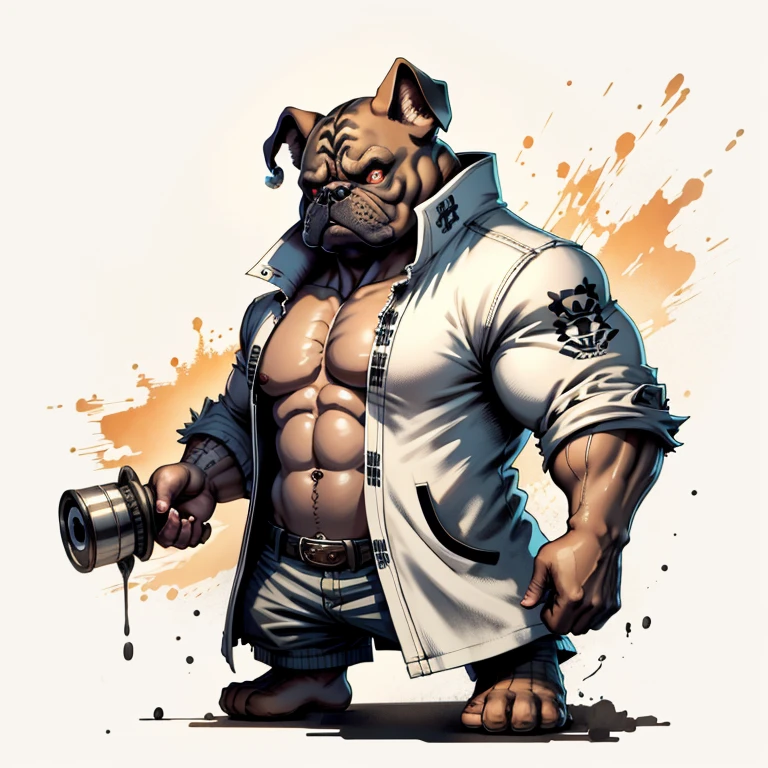 C4tt4stic，((Fette Bulldogge)), wearing a white longcoat,tatoo on chest,baseball bat, Ukiyoe-Malerei, Radierungen,bulldog head,black fur