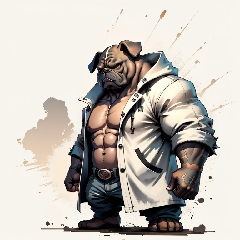 C4tt4stic，((Fette Bulldogge)), wearing a white longcoat,tatoo on chest,baseball bat, Ukiyoe-Malerei, Radierungen,bulldog head,black fur