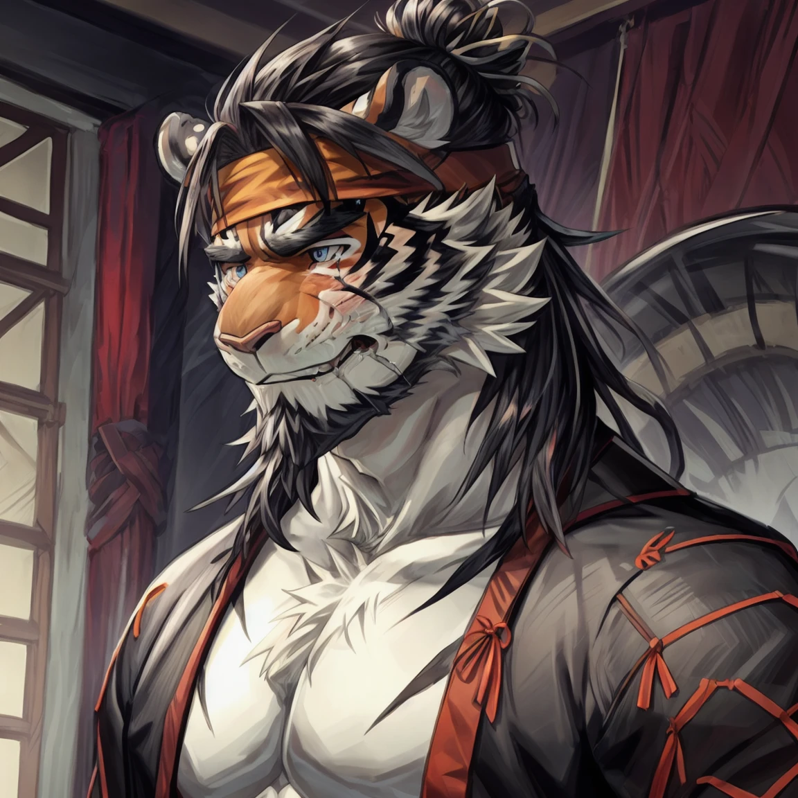 Masterpiece,Best quality,1boys,(Huai_Tianpei),Solo,Muscular male,hi,It's nothing,8K HD,Extreme detail,Detailed background,Masterpiece,Muscular,muscular anthro,aged up,view the viewer,hair-bun,Beard,Sideburns,Open clothes,Chinese clothes,Claws,Thick eyebrows,Orange body,Facial hair,Tiger tail,Brown hair,Headband,Tiger ears,Tiger Boy,Medium hair,Upper body,empty eyes, hollow eyes, constricted pupils, aqua eyes, crying with eyes open, streaming tears, sad smile, forced smile, sobbing, depressed, , frustrated, envy, despair, confused, expressionless eyes, facing another, fang out, yandere, laughing, endured face, surprised, heavy breathing, full blush, flustered, ear blush, turn pale, nervous smile, shaded, jealous, tearing up, crying, pain, sad, chiaroscuro, first-person view, anatomically correct, super detail, high details, award winning, high quality, highres, best quality, ccurate, masterpiece, UHD, retina, 1080P, HD, 16k