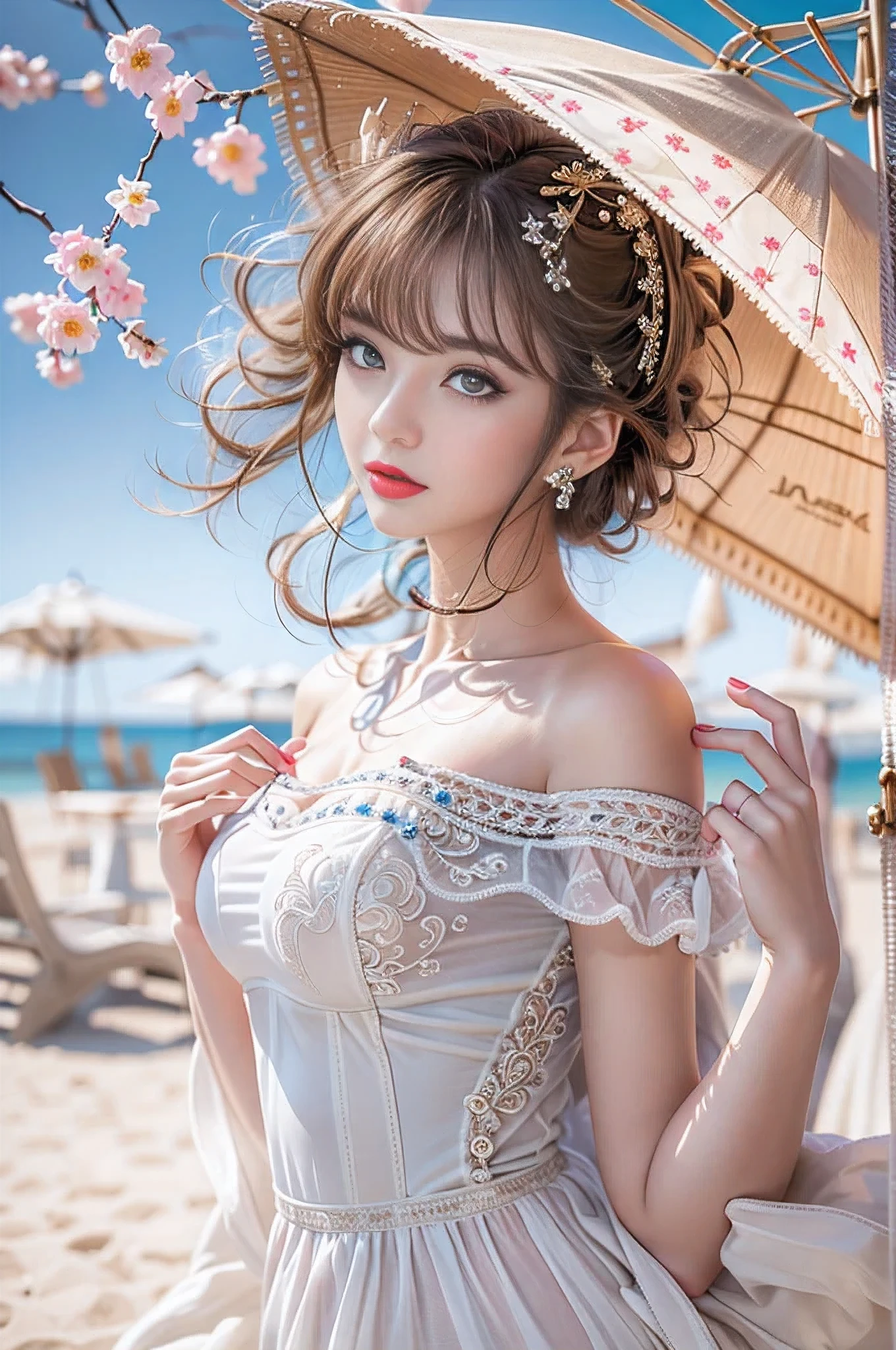 ((Ultra-realistic最high quality)), 32k resolution, ((photo realistic:1.55)), (Hyper realistic:1.45),((sharp focus)),(highest resolution),(1girl:1.4) 21years old、fashion supermodel、cinematic lighting, (Increase quality:1.2), (best quality real texture skin:1.2), (perfect proportions),(anatomically correct),(perfect female body),(firm normal full breasts:1.3),slim face,beautiful cheekbones,((slim,slim-muscled body:1.24)),(Super beautiful face),(realistic face),(highly detailed face:1.4),absurd(ultra detailed eyes), finely detailed face,finely quality eyes, (tired and sleepy and satisfied:0.0), (detailed lips:1.33)、(Detailed nose:1.2), (Increase body line mood:1.1), (Increase skin texture beauty:1.3), ((ccurate, award winning:1.4)), (small head: 1.4)、(slim face), pink_makeup:1.25, long_blue_eyeliner:1.2, (red_lipstick:1.32), ((brown_eyes:1.35)) perfect dark_eyeshadows:1.3, Beautiful and charming woman in fashion trend, full body: 1.6, holding flowers, random hairstyle, sitting under a parasol, by the sea, tight slip dress random color, wind blowing hair, blue sky and white clouds, delicate sexy collarbone, covering chest, charming goose egg face, double eyelids, smart peach, bare shoulders, fresh and good, see-through, 