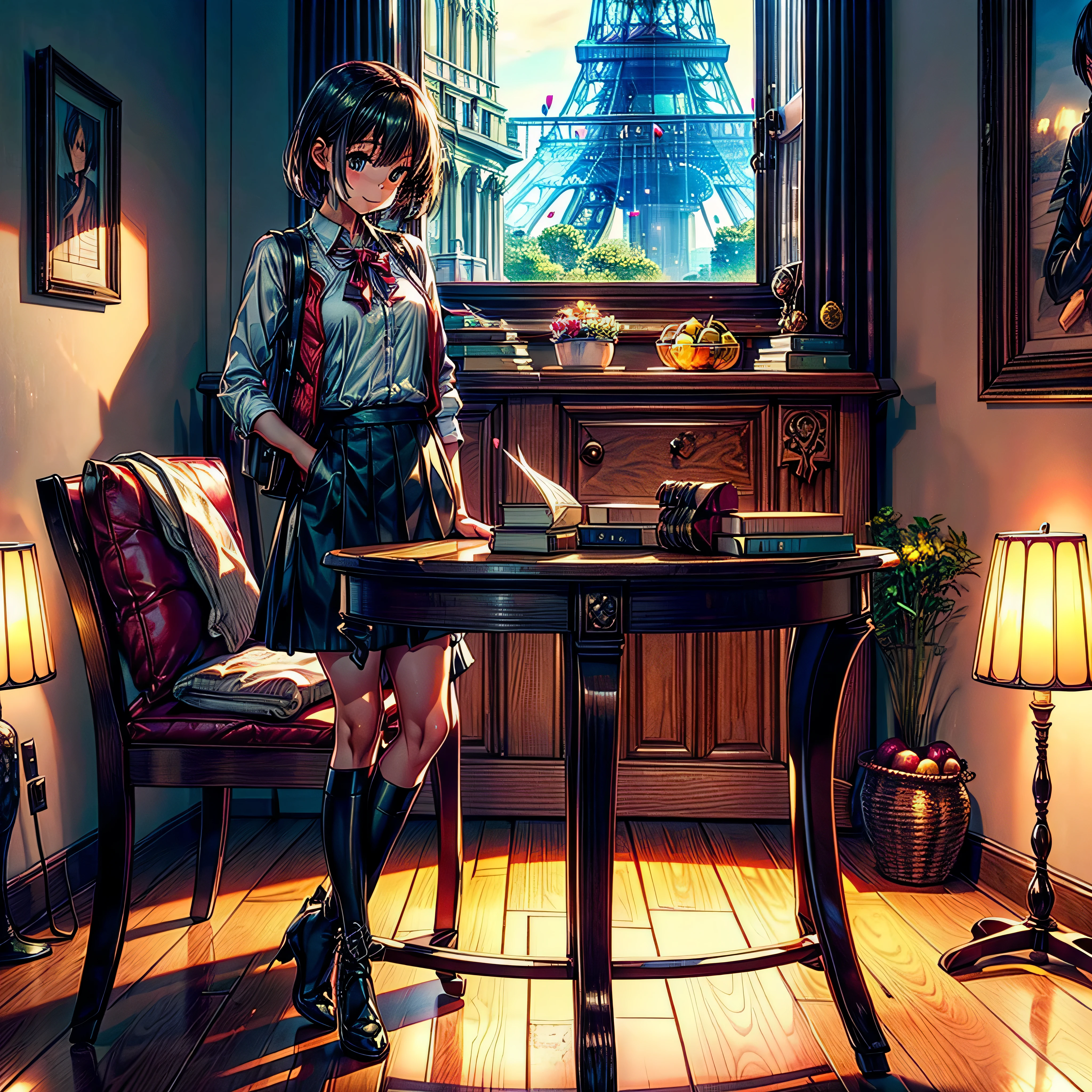 A fine girl, with black hair, she is wearing short shorts and a shirt, she's 18, her eyes are dark brown, coffee, she loves coffee, she is holding a cup of coffee, she is black, has dark skin, Globe World Earth (epic tMasterpiece, ultra highest quality, ultra highest resolution, ultra high-definition, distinct_image, very elaborate CG cinematic_lighting ray_tracing drop_shadows (photorealistic: 1.4), ultra high-quality textures fine-grained realistic face expression): (Epic gorgeous girl brown short hair bulb frange big sparkling eyes, Eye level shot, happy smile, beauty, slim body small size breasts, holiday, own room, console disco, computer, display, keyboard, mouse, long leather skirt, collared shirt, leather vest, handgun holder, carrying leather bag on your back, long boots, antique radio, coffee, model train, bookshelf, spacious yellowchair, Pots, fans, paintings, stuffed animals, ties, notebooks, stationery, vases, photo frames, letters, fountain pens, calendars, lamps, cushions, baskets, mirrors reflecting in profile, candles, telephone, fruit, newspapers, sweets, city Eiffel view outside the window), Pendulum clock frog, varied multi etc. --v 6 --s 1000 --c 20 --q 5 --chaos 100