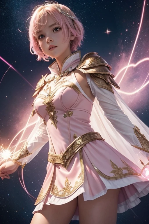 Female short blond tomboy hair dark fantasy girl wearing an intricate elaborate futuristic light pink armor with mini dress with elaborated white ornaments, pink short cape, pink short mini skirt, wearing a short staff, wand, blue magic eclipse, stars, magic conjuring circle behind, ethereal lightning, sharp focus