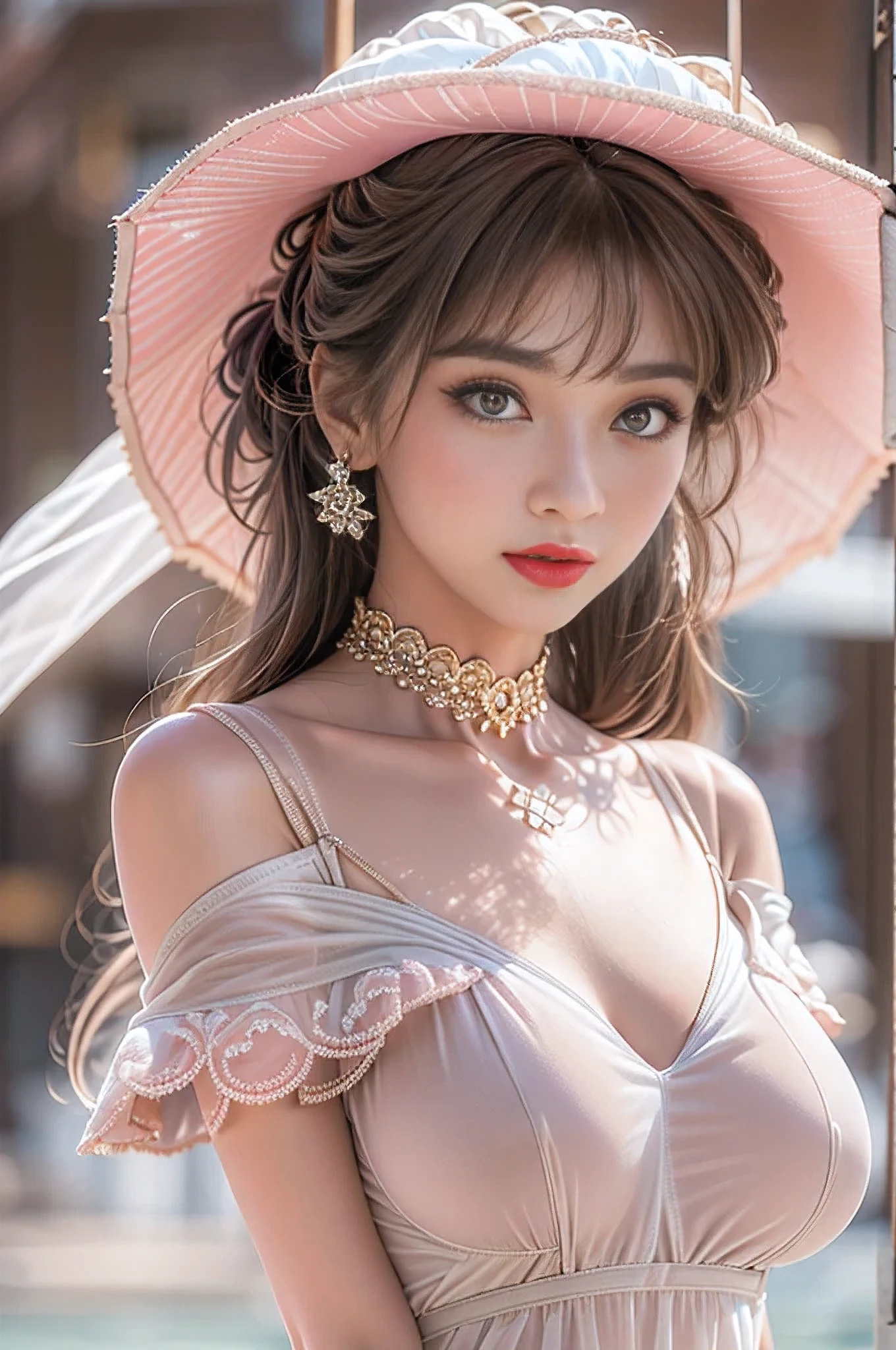 ((Ultra-realistic最high quality)), 32k resolution, ((photo realistic:1.55)), (Hyper realistic:1.45),((sharp focus)),(highest resolution),(1girl:1.4) 21years old、fashion supermodel、cinematic lighting, (Increase quality:1.2), (best quality real texture skin:1.2), (perfect proportions),(anatomically correct),(perfect female body),(firm normal full breasts:1.3),slim face,beautiful cheekbones,((slim,slim-muscled body:1.24)),(Super beautiful face),(realistic face),(highly detailed face:1.4),absurd(ultra detailed eyes), finely detailed face,finely quality eyes, (tired and sleepy and satisfied:0.0), (detailed lips:1.33)、(Detailed nose:1.2), (Increase body line mood:1.1), (Increase skin texture beauty:1.3), ((ccurate, award winning:1.4)), (small head: 1.4)、(slim face), pink_makeup:1.25, long_blue_eyeliner:1.2, (red_lipstick:1.32), ((brown_eyes:1.35)) perfect dark_eyeshadows:1.3, Beautiful and charming woman in fashion trend, full body: 1.6, holding flowers, random hairstyle, sitting under a parasol, by the sea, tight slip dress random color, wind blowing hair, blue sky and white clouds, delicate sexy collarbone, covering chest, charming goose egg face, double eyelids, smart peach, bare shoulders, fresh and good, see-through, 