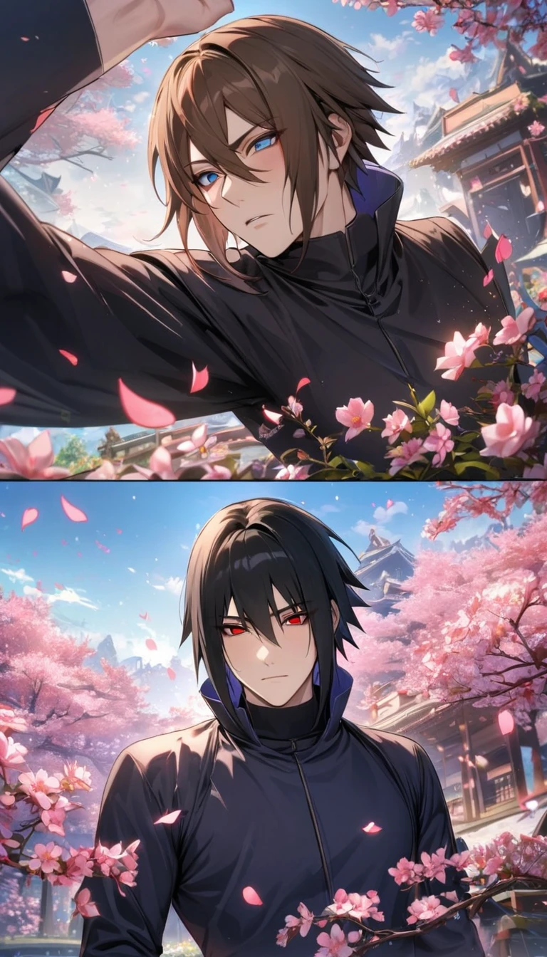 absurdres, highres, ultra detailed, HDR, masterpiece, Uchiha Sasuke, expressive red eyes, black hair, hair between the eyes, Naruto Shippuden, Dainsleif, straight brown hair, with bangs, expressive blue eyes, Genshin Impact, 2men together, gay couple, handsome, black ninja clothes, black pants, pink flowers, pink butterflies, petals, blossoms
