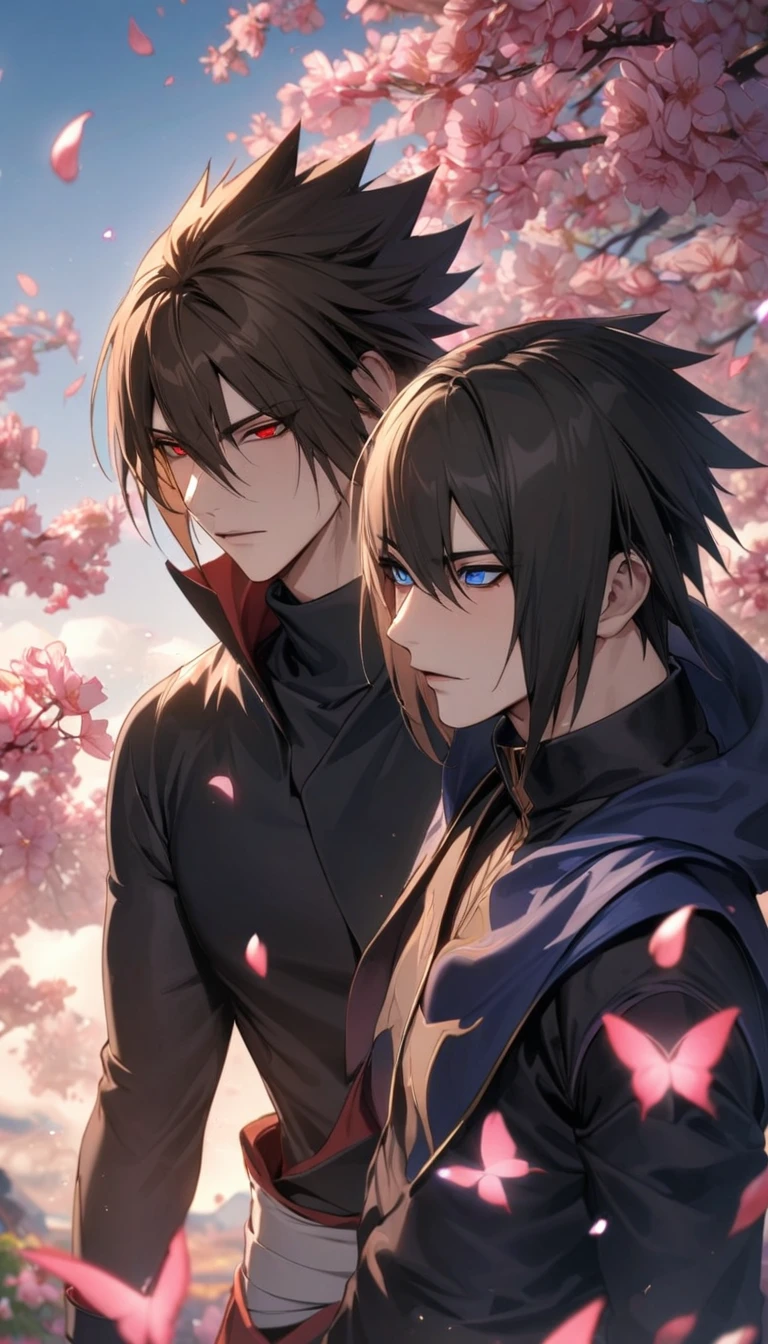 absurdres, highres, ultra detailed, HDR, masterpiece, Uchiha Sasuke, expressive red eyes, black hair, hair between the eyes, Naruto Shippuden, Dainsleif, straight brown hair, with bangs, expressive blue eyes, Genshin Impact, 2men together, gay couple, handsome, black ninja clothes, black pants, pink flowers, pink butterflies, petals, blossoms