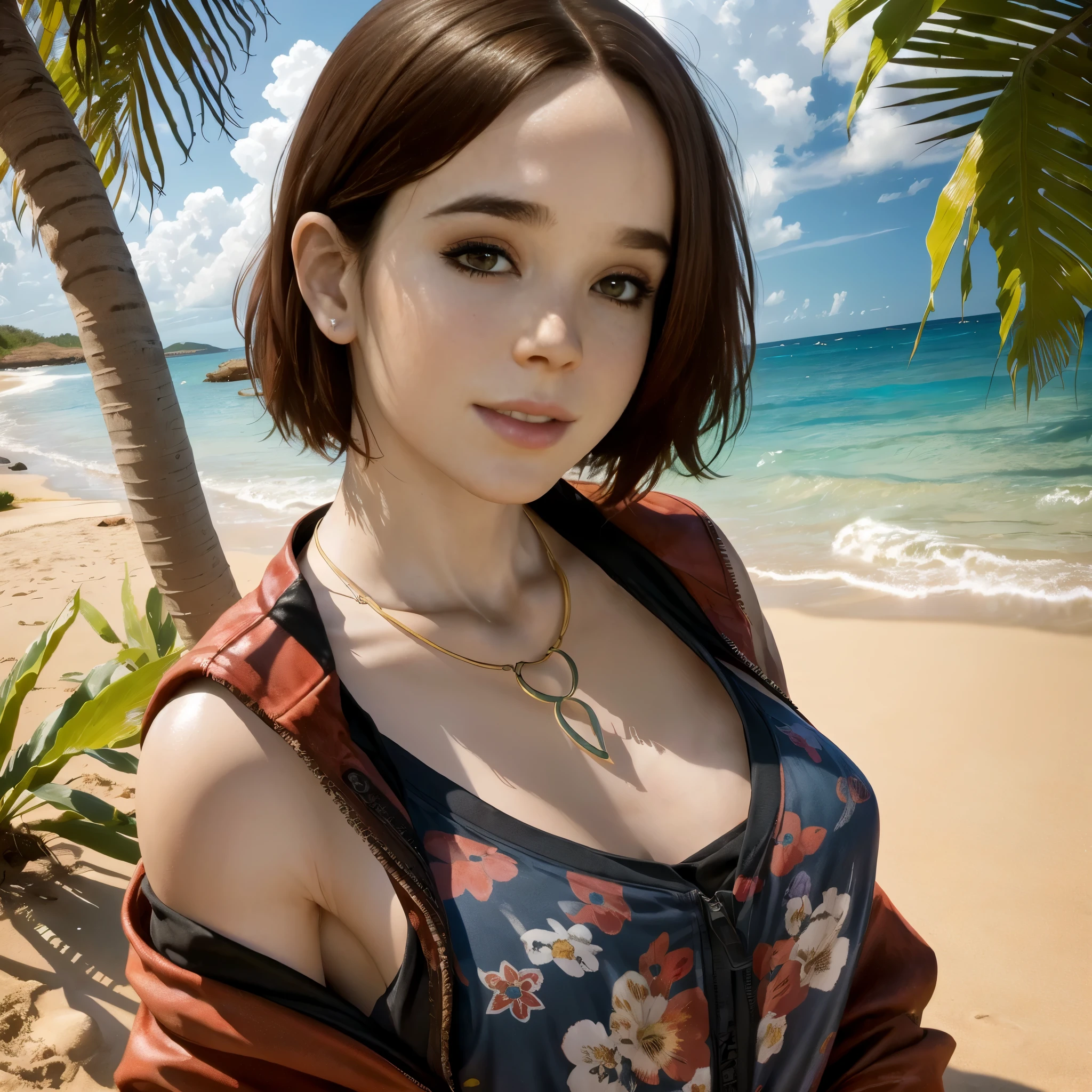 (Best quality, 8k, 32k, Masterpiece, UHD:1.2),Photo of Pretty woman, very short bob hair,upper body,face focus,oversized_shirt, necklace,  background, from above, looking at viewer, dyed red hair, tropical beach, smile, jacket, tunic, sfw, liz.ashley