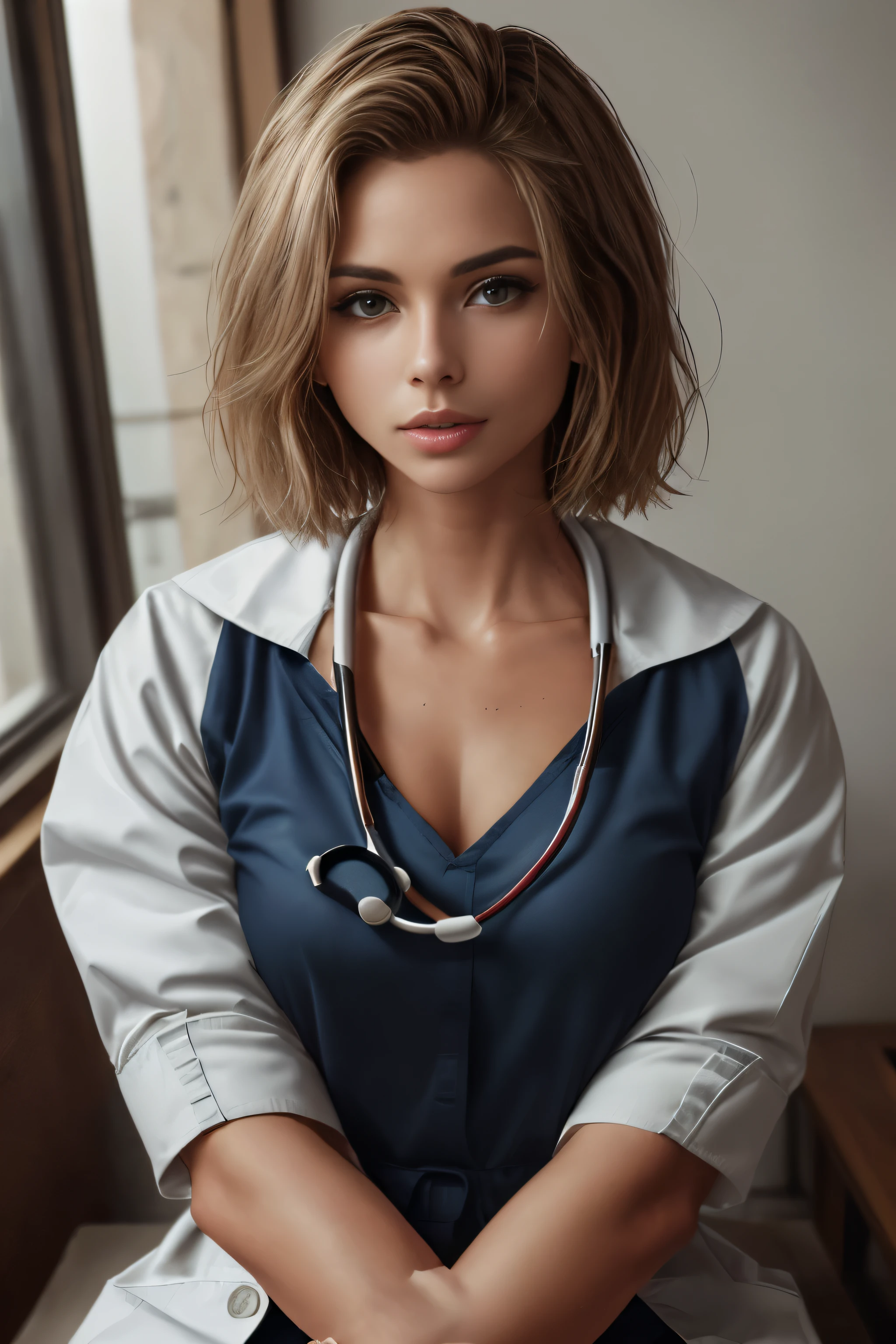 Photorealistic handsome doctor 35 years old、stunningly beautiful、white doctor coat, Doctor Fashion、(top quality、8K、32K、masterpiece、nffsw:1.3)、High resolution (Photorealistic:1.4),Raw photo,Detailed face,unisex short haircut, ((Doctor style)), , tight skirts, Natural makeup, Breast cleavage, above average full breasts, Inside the hospital, Detailed background, Perfect lighting, depth of field, Beautiful shadow gradient, stethoscope, (((full body))) Capture everything body, whole body, Wide open legs, Open legs, Black pubic hair, looking into the camera, Attention to detail, Beautiful eyes,