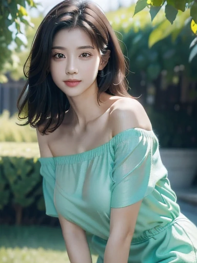 best quality, masterpiece, ultra high res, (photorealistic:1.4), RAW photo beauty Beautiful face Slender smile whole body leaning forward off-shoulder dress Show your shoulders standing position, beautiful legs