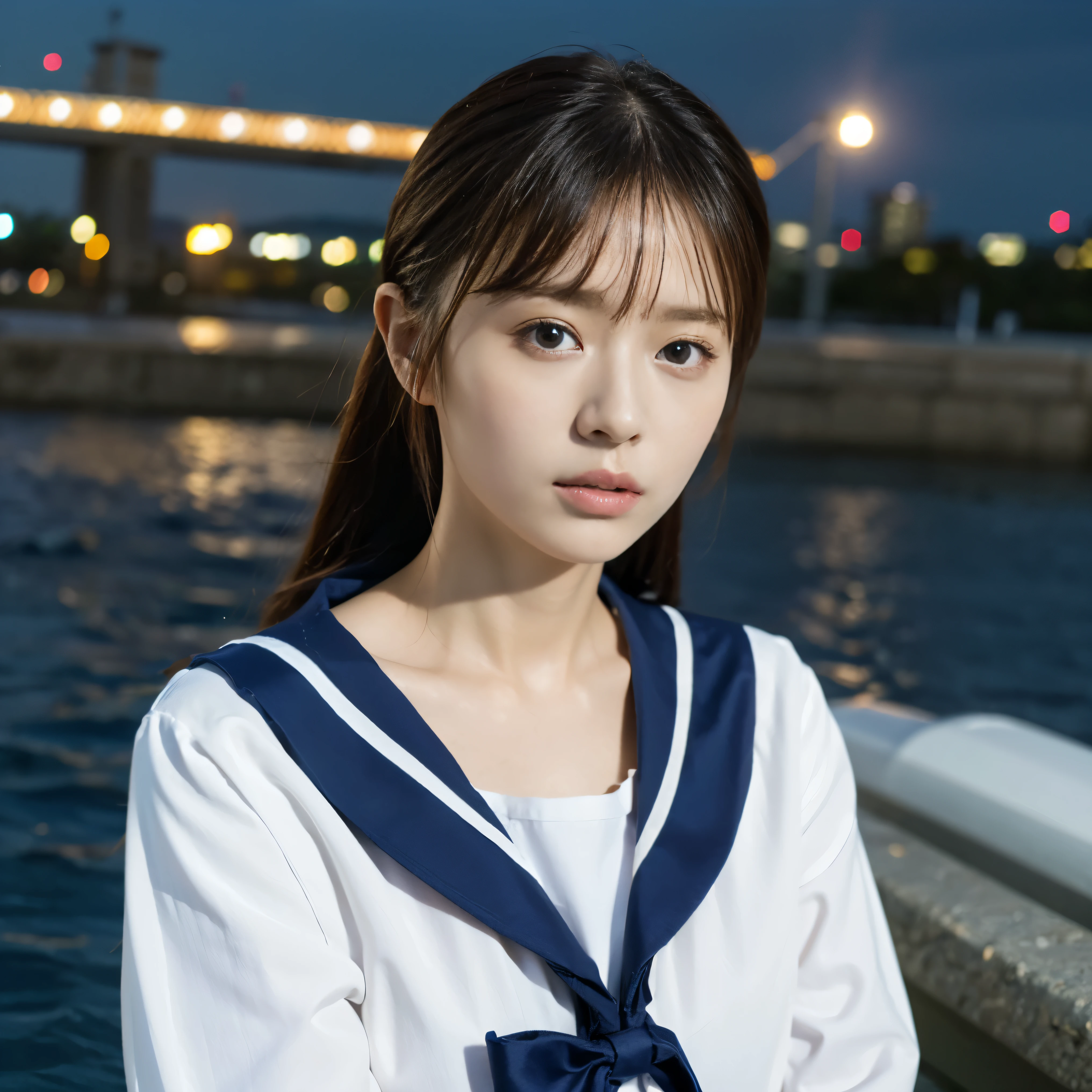 (highest quality、4k、8k、High resolution、masterpiece: 1.2)、Super detailed、(Real、Photorealistic、Photorealistic: 1.37)、Beautiful young woman、High Tech City、Shining neon lights、((Sailor suit:1.35))、ＩCharacter balance