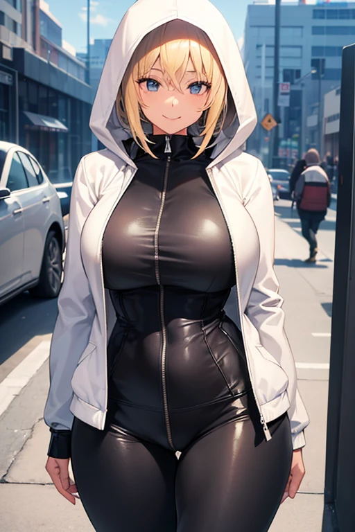 1girl, hood, jacket, hooded jacket, hood on, hood up, blonde hair, large breasts, breasts, wide hips, thick thighs, hourglass figure, white jacket, black shirt, shirt, very short hair, pants, black pants, smile, toned, toned female, urban, mature female, tall, tall female, zipper