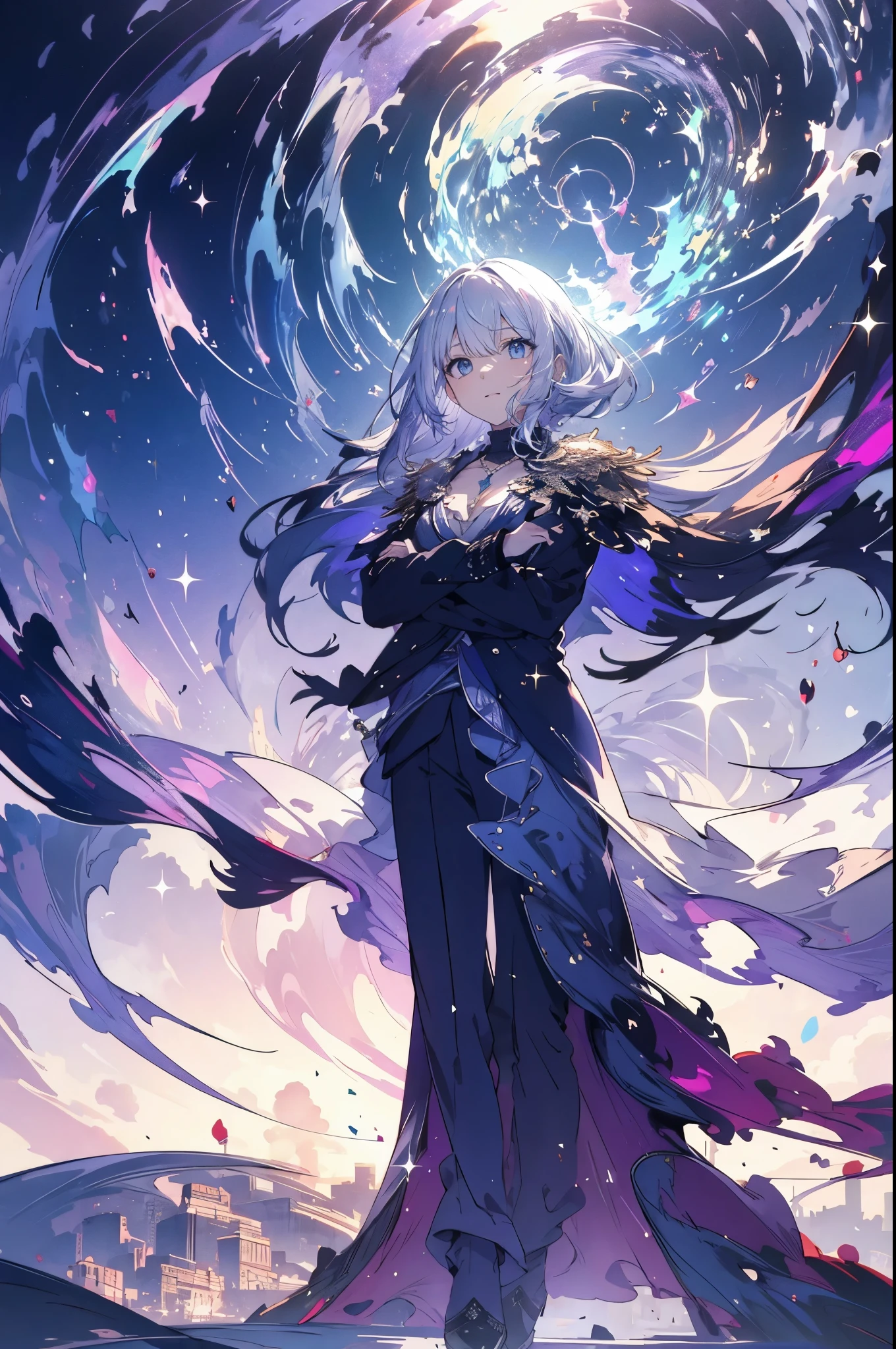 A woman in a long dress standing in front of a spiral vortex - SeaArt AI