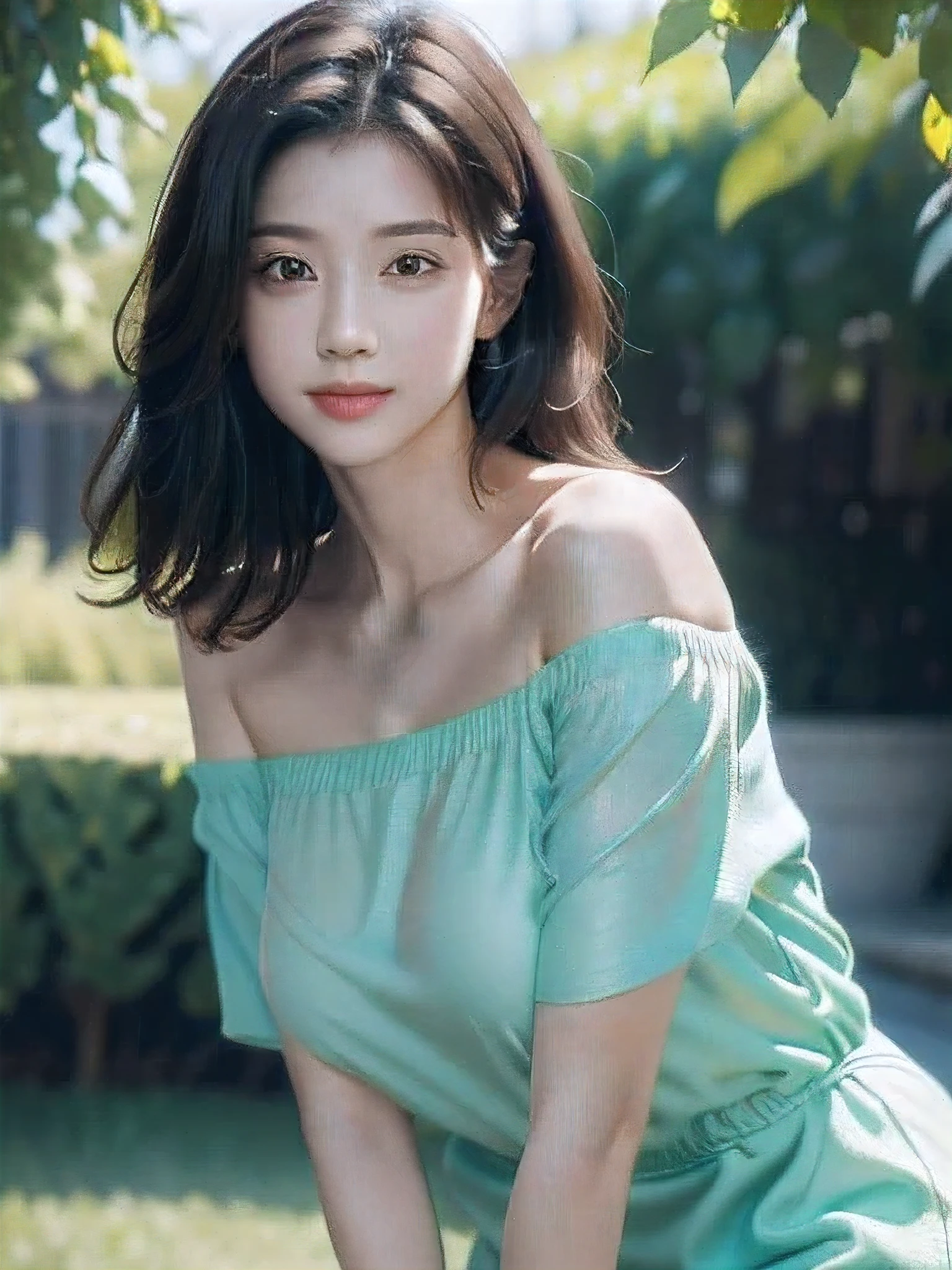 best quality, masterpiece, ultra high res, (photorealistic:1.4), RAW photo beauty　Beautiful face Slender　smile　whole body　leaning forward off-shoulder dress　Show your shoulders　standing position, beautiful legs