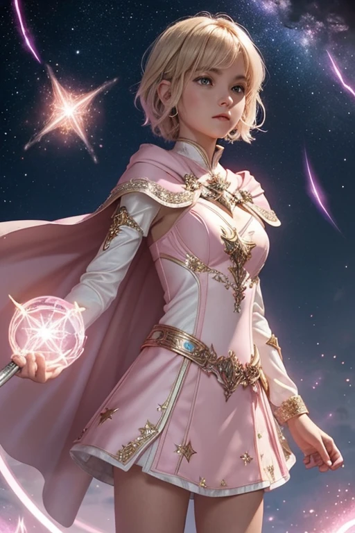 Female short blond tomboy hair dark fantasy girl wearing an intricate elaborate futuristic light pink armor with mini dress with elaborated white ornaments, pink short cape, pink short mini skirt, wearing a short staff, wand, blue magic eclipse, stars, magic conjuring circle behind, ethereal lightning, sharp focus