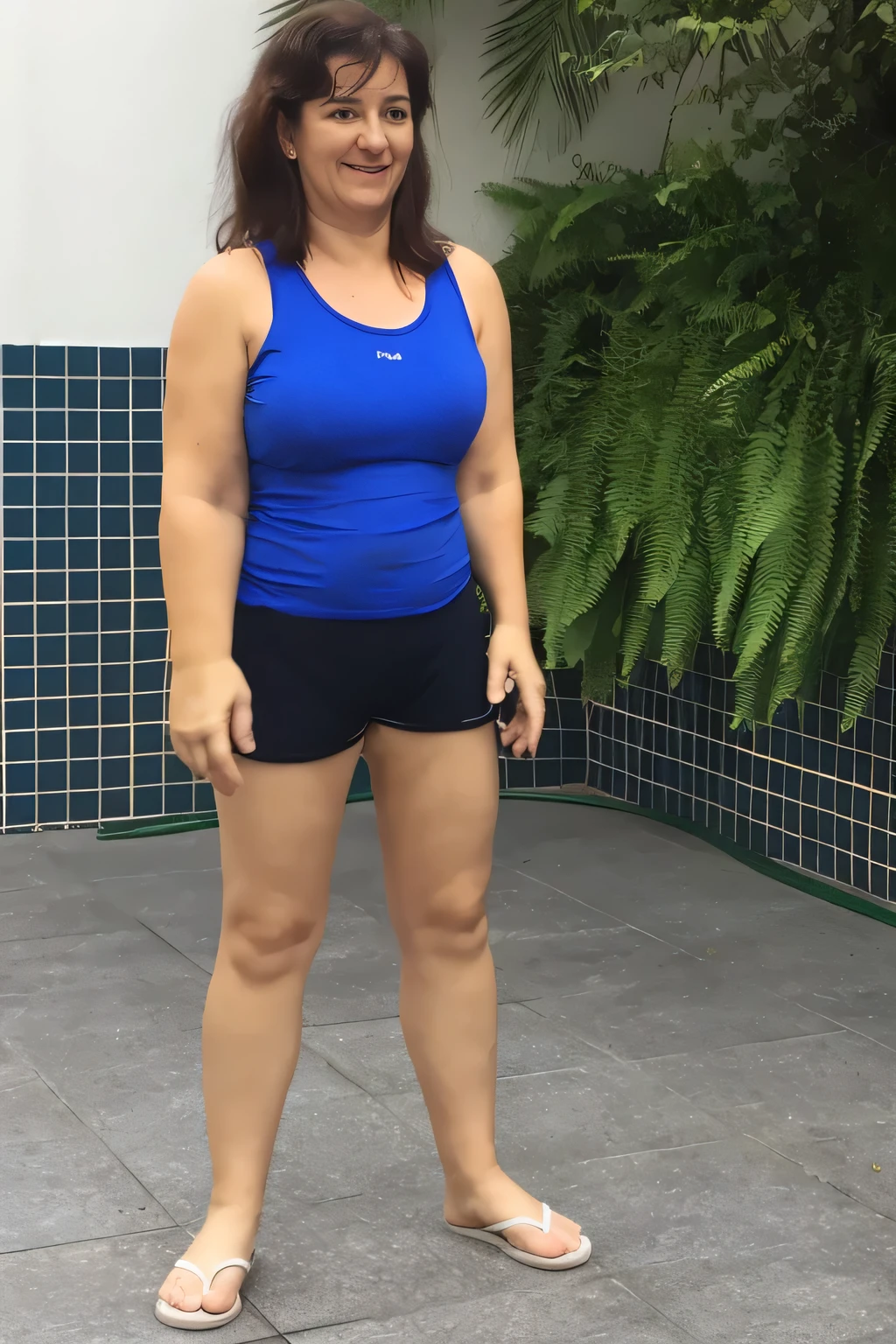 Woman standing in front of a plant, looking at the camera, wearing very short black shorts and a blue top, photo of legs and hips, full body photo, toned legs, thighs!!!!!! . long brown hair, 35 years old, full body. Photo taken from the front. Beautiful woman, sexy pose, extremely sexy. A beautiful Brazilian woman, fitness body, sports top and dark blue shorts, toned legs. 4k, realistic, glamorous and very detailed.