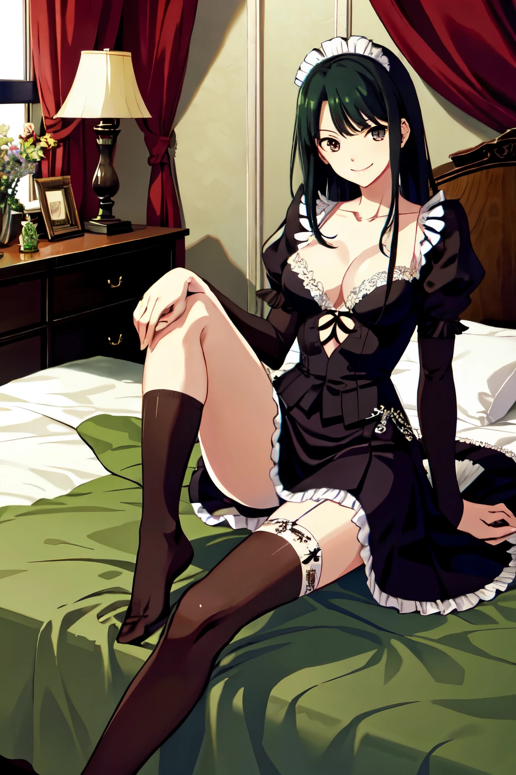 High Resolution、Morrigan、adult woman、smile evilly、Wicked Smile、 Most detailed,Miniskirt、Maid clothes、Hotel Rooms、bed、Sitting、Dark Room