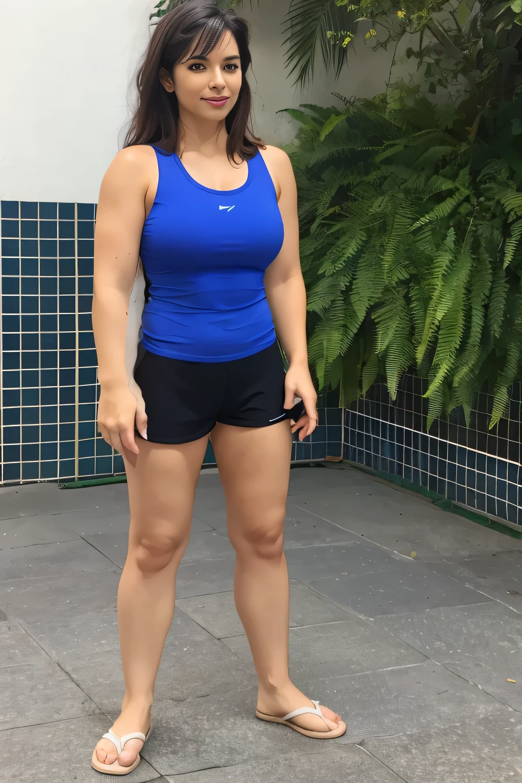 Woman standing in front of a plant, looking at the camera, wearing very short black shorts and a blue top, photo of legs and hips, full body photo, toned legs, thighs!!!!!! . long brown hair, 35 years old, full body. Photo taken from the front. Beautiful woman, sexy pose, extremely sexy. A beautiful Brazilian woman, fitness body, sports top and dark blue shorts, toned legs. 4k, realistic, glamorous and very detailed.