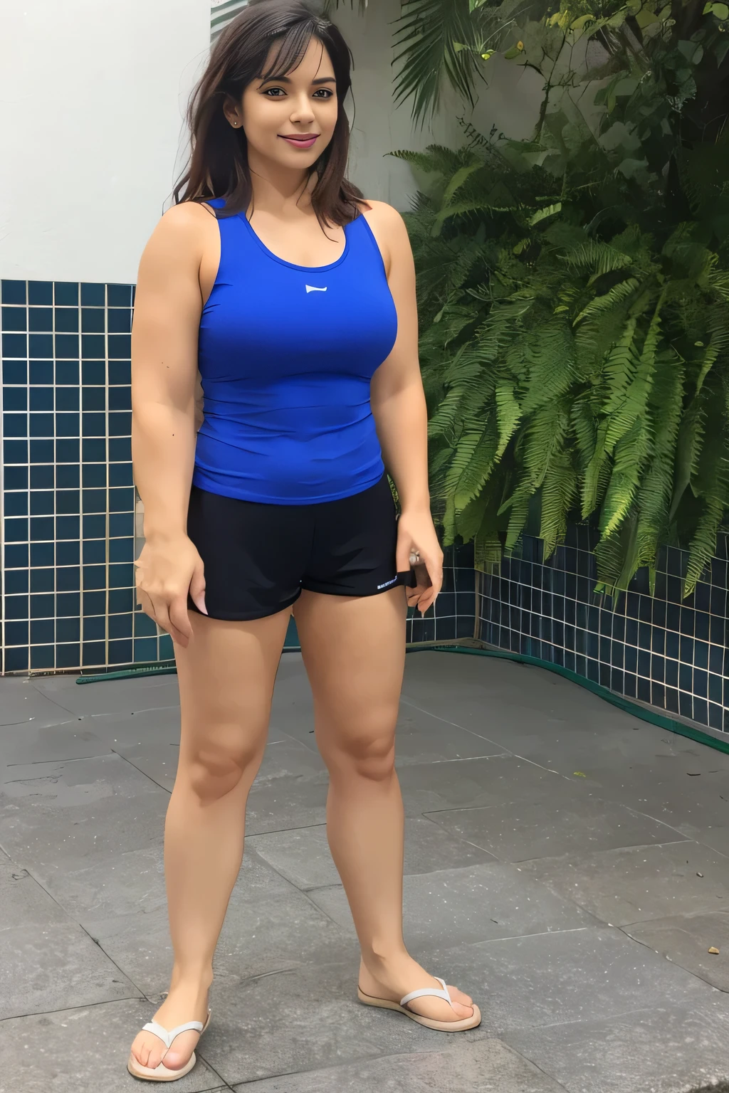 Woman standing in front of a plant, looking at the camera, wearing very short black shorts and a blue top, photo of legs and hips, full body photo, toned legs, thighs!!!!!! . long brown hair, 35 years old, full body. Photo taken from the front. Beautiful woman, sexy pose, extremely sexy. A beautiful Brazilian woman, fitness body, sports top and dark blue shorts, toned legs. 4k, realistic, glamorous and very detailed.