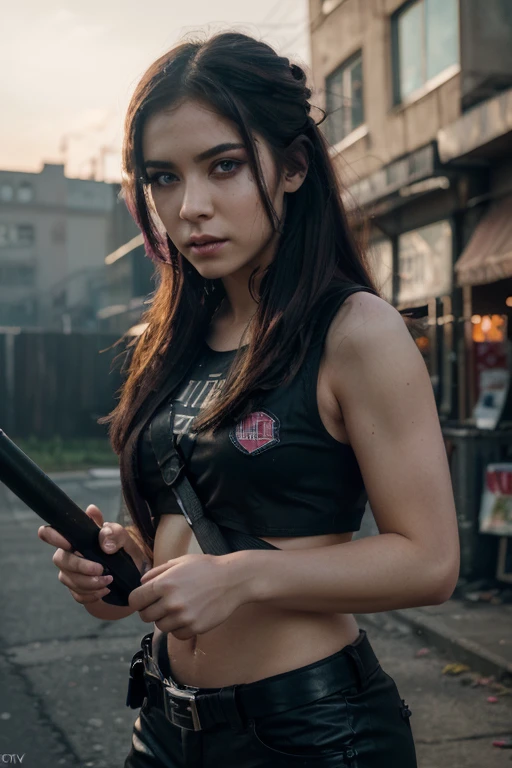 ((Best quality, 8k, Masterpiece: 1.3)), ((5120x1440)), Sharp focus: 1.2, Full body, 2 girls, girl1= black hair, girl2= pink/orangehair, Zombie apocalypse, cuts on arms, blood, scratches, smokey atomsphere, backdrop of city burning, girl1=baseball bat, girl2= M4 assault rifle, muscles, cargo pants, body armor, looking at viewer, smoke in sky, Burning, depth of field, (special attention to skin detail:1.2), detailed leather texture, skin pores, spooky atmosphere, (pale skin), Adult, ((girl1=Eye makeup, pink Mascara)) ((girl2=black makeup, black mascara)),Photorealism, Taken with, Canon EOS 4000D DSLR Hyperrealistic, ((portrait, close to camera)) Hyperrealistic, splash art, concept art, mid shot, intricately detailed, color depth, dramatic, 2/3 face angle, side light, colorful background