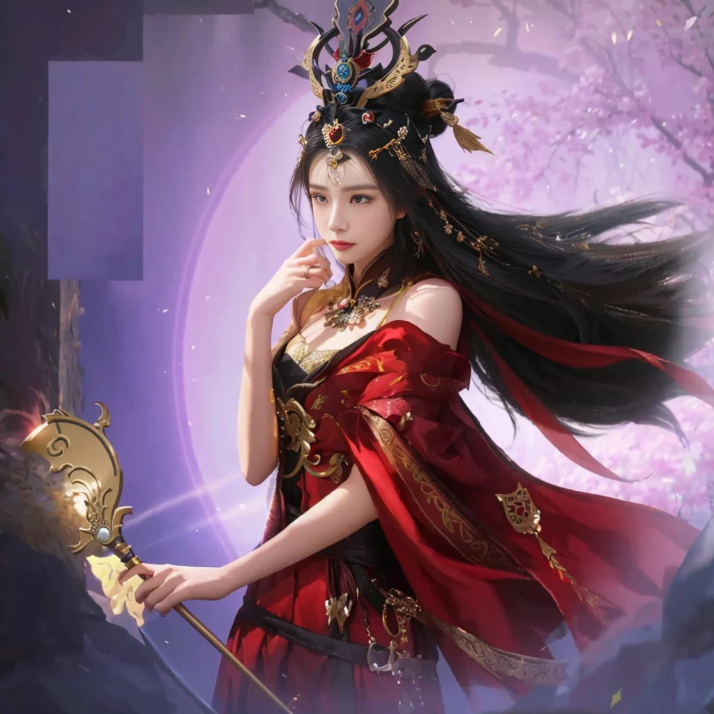 A girl in a skirt、ALAFAD image of a woman holding a fan, beautiful fantasy queen, full body xianxia, xianxia fantasy, Chinese Fantasy, ((beautiful fantasy queen)), xianxia, xianxia hero, The Goddess of Sorrow, g liulian art style, author：Yang Jie, Inspired by Du Qiong, heise jinyao