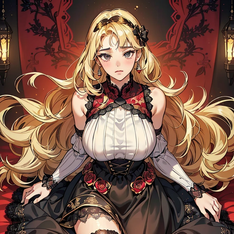 (Anime Moe Style)),((Game CG)),(masterpiece),(highest quality), (Very detailed),shape,((Very delicate and beautiful)), ,Embarrassed expression,Watching the audience,(((18 years old female)),((whole body)),Detailed face and eyes,Intense eyes like jewels,(Shortcuts),,,(Super huge breasts,Long and saggy breasts,) Voluptuous body Blonde hair, black eyes A long-sleeved, long-skirted dress made entirely of gorgeous lace. A body-hugging lace dress. Gorgeous black, red and gold lace fabric. Princess line. Sleeveless. Gorgeous lace fabric. Super mini skirt. Black knee socks. Arms spread out.