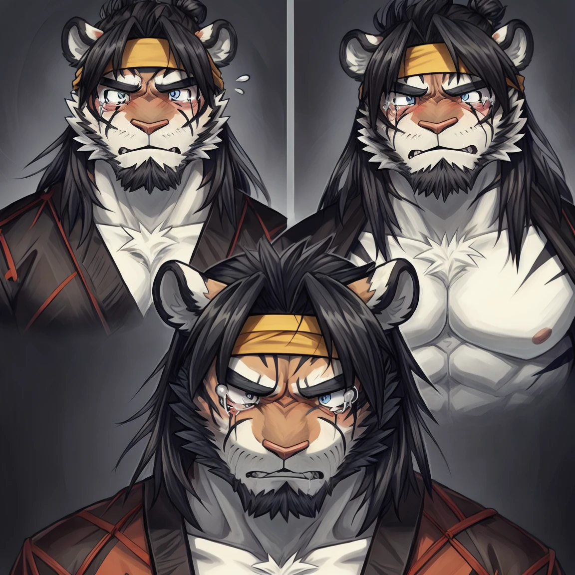 Masterpiece,Best quality,1boys,(Huai_Tianpei),Solo,Muscular male,hi,It's nothing,8K HD,Extreme detail,Detailed background,Masterpiece,Muscular,muscular anthro,aged up,view the viewer,hair-bun,Beard,Sideburns,Open clothes,Chinese clothes,Claws,Thick eyebrows,Orange body,Facial hair,Tiger tail,Brown hair,Headband,Tiger ears,Tiger Boy,Medium hair,Upper body,empty eyes, hollow eyes, constricted pupils, aqua eyes, crying with eyes open, streaming tears, sad smile, forced smile, sobbing, depressed, , frustrated, envy, despair, confused, expressionless eyes, facing another, fang out, yandere, laughing, endured face, surprised, heavy breathing, full blush, flustered, ear blush, turn pale, nervous smile, shaded, jealous, tearing up, crying, pain, sad, chiaroscuro, first-person view, anatomically correct, super detail, high details, award winning, high quality, highres, best quality, ccurate, masterpiece, UHD, retina, 1080P, HD, 16k,Begging viewers not to leave, Emotional breakdown, Kneeling on both knees, Hold the viewer's hands with both hands, Humble, Pitiful, crazy, crazy, sad, sad, crying, crying, tearing up, tearing up, scared, scared, gloom (expression), gloom (expression), jealous, jealous, nervous, nervous, nervous smile, nervous smile, turn pale, turn pale, shaded, shaded, expressions, expressions, unconscious, unconscious, flustered, flustered, full blush, heavy breathing, heavy breathing, surprised, surprised, endured face, endured face, glint, glint, yandere, yandere, fang out, chin grab, chin grab, confused, despair, despair, envy, envy, expressionless eyes, expressionless eyes, frustrated, frustrated, , , panicking, panicking, worried, worried, forced smile, forced smile, sobbing, sobbing, depressed, depressed