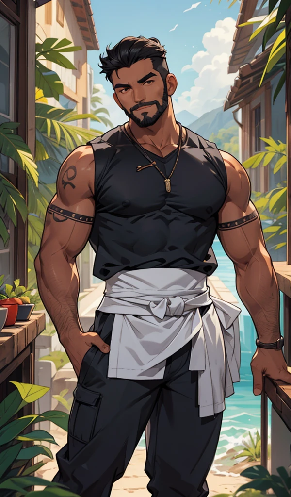 Hombre maduro daddy, musculoso, fornido, piel clara, alto, atractivo, masculino, cabello negro, pocas canas,cabello corto, cabello peinado. Ojos azules, cicatriz mejilla, barba afeitada, chef, arremangado, brazos fuertes, cicatriz en brazos, tatuaje brazo, cigarrillo, black pants, sentado de frente, piernas abiertas, pose relajada, sonrisa, looking at the camera, pose sensual, High Definition, colorido, alta calida. Fondo frio, cocina. Pose de pelea, gesto serio. Mirando a la camara. Cuchillos levitando